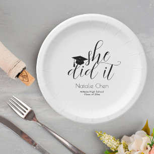 Modern White Elegant She Did It Graduation Paper Plates