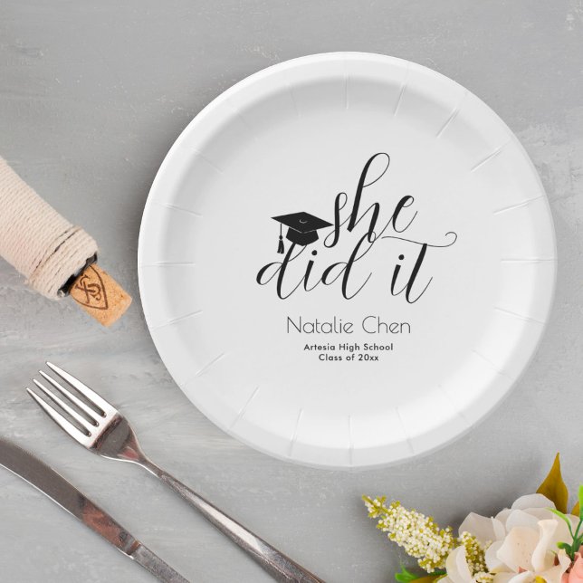 Modern White Elegant She Did It Graduation Paper Plates (Creator Uploaded)