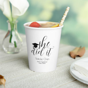 Modern White Elegant She Did It Graduation Party Paper Cups