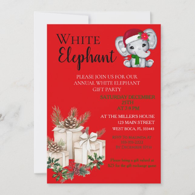 Modern White Elephant Kids Christmas party  Invitation (Front)
