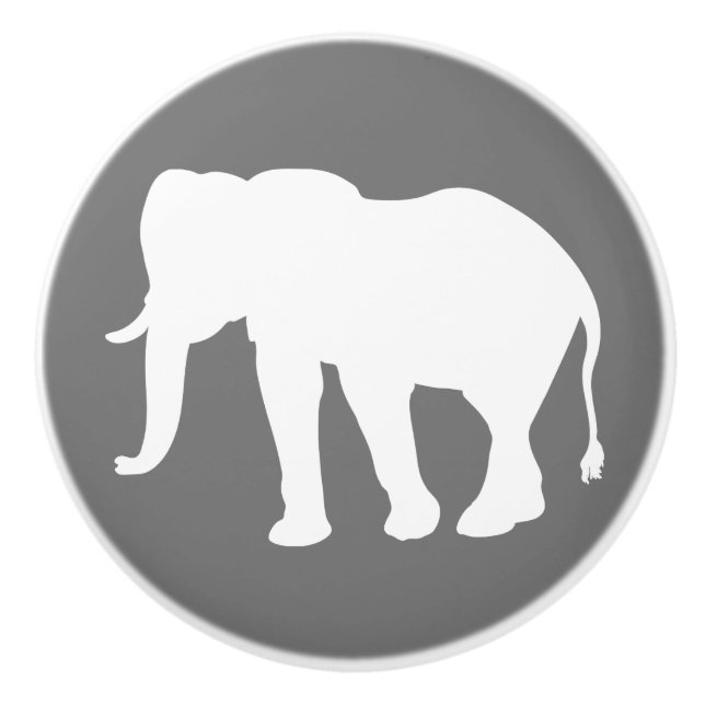 Modern White Elephant Silhouette & Gray Ceramic Knob (Front)