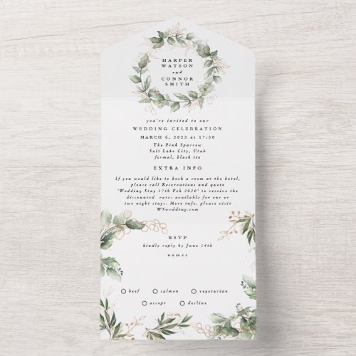 Modern White Eucalyptus Wreath Wedding All In One Invitation