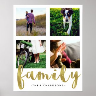 Modern White Family Photo Grid with Faux Gold Foil