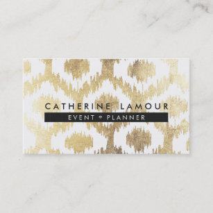 Modern white faux gold foil handrawn ikat pattern business card