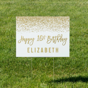 Modern White Faux Gold Glitter 16th Birthday Yard Sign