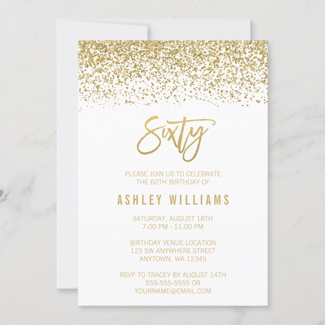 Modern White Faux Gold Glitter 60th Birthday Invitation | Zazzle