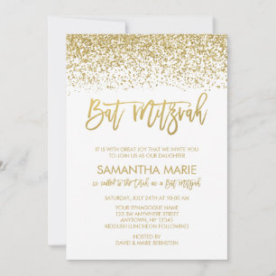 Modern White Faux Gold Glitter Bat Mitzvah Invitation