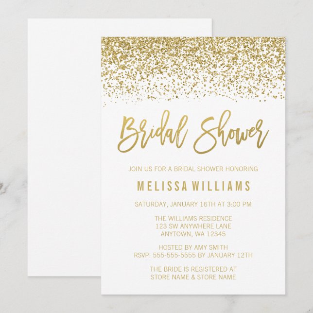 Modern White Faux Gold Glitter Bridal Shower Invitation (Front/Back)