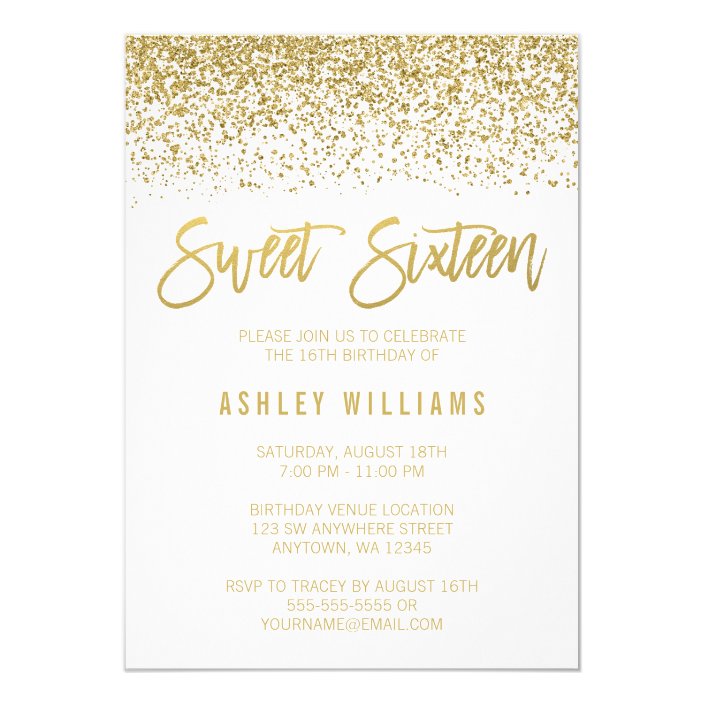 Modern White Faux Gold Glitter Sweet 16 Birthday Invitation | Zazzle.com