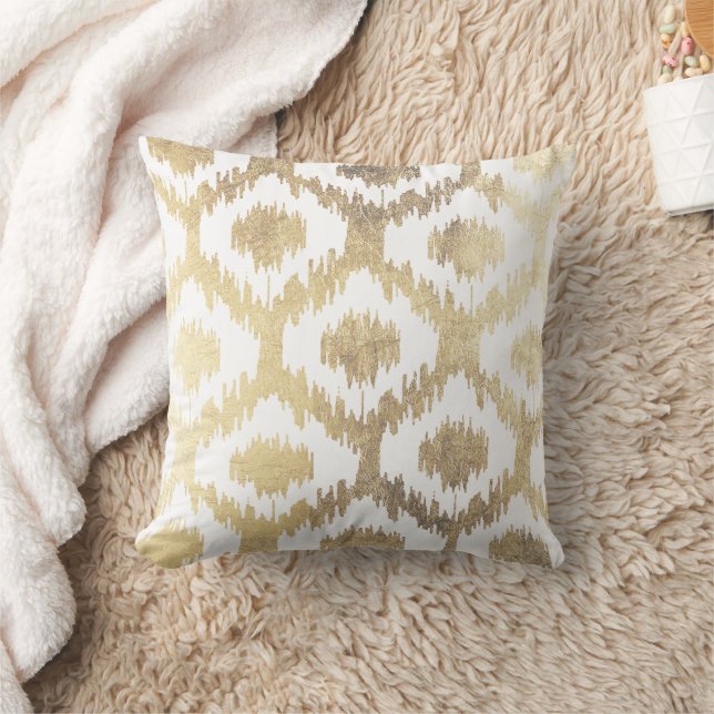 Modern White Faux Gold Hand Drawn Ikat Pattern Throw Pillow (Blanket)