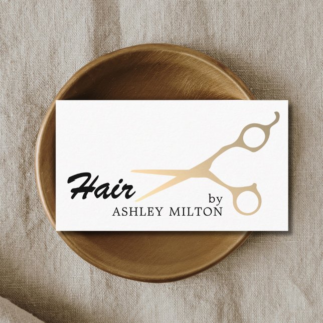 Modern White Faux Gold Scissors Hairstylist Business Card (Creator Uploaded)
