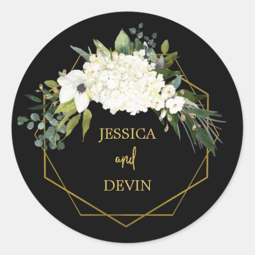 Modern White Floral Black Gold Frame Wedding Classic Round Sticker