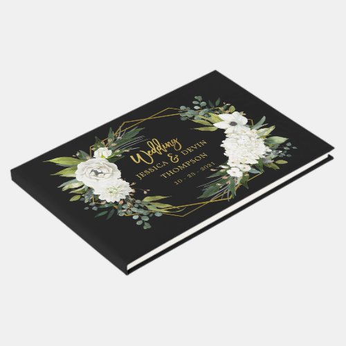 Modern White Floral Black Gold Frame Wedding Guest Book