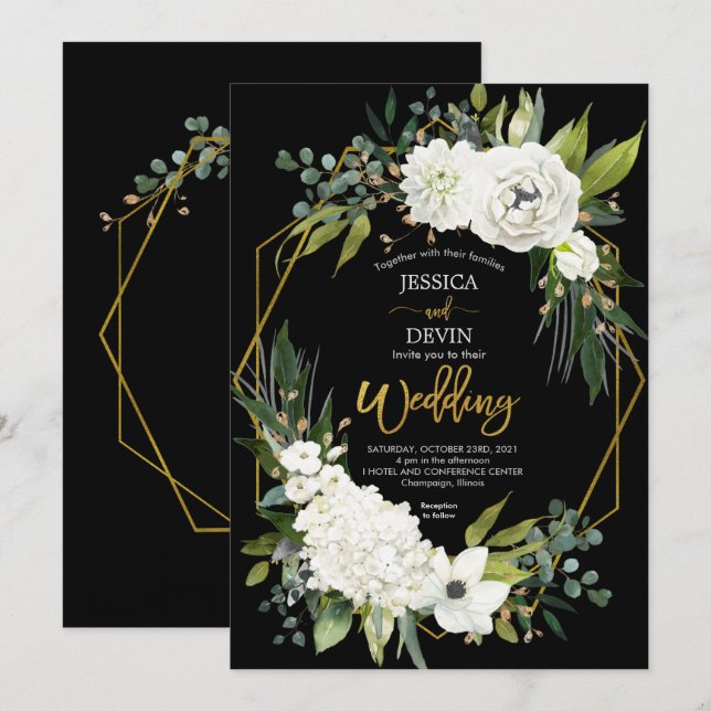 Modern White Floral Black Gold Frame Wedding Invitation (Front/Back)