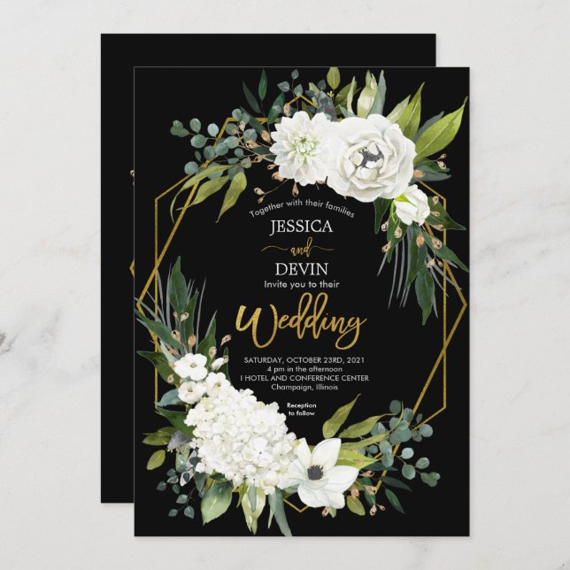 Modern White Floral Black Gold Frame Wedding Invitation (Front/Back)