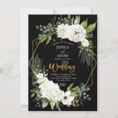 Modern White Floral Black Gold Frame Wedding Invitation (Front)