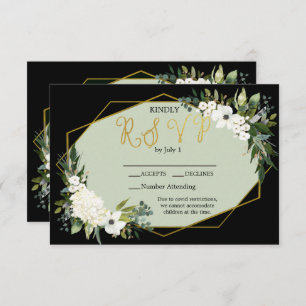 Modern White Floral Black & Gold Geometric RSVP Card