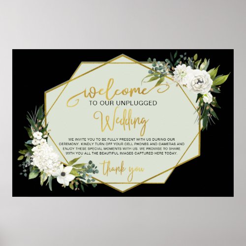 Modern White Floral Black Gold Wedding Unplugged Poster