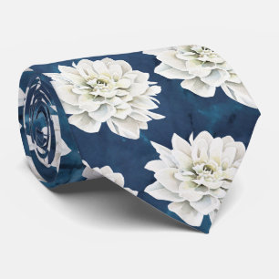 Modern White Floral Blue Neck Tie