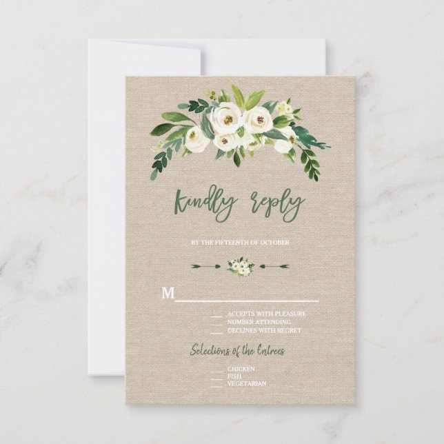 Modern White Floral Burlap Handwriting RSVP (Front)