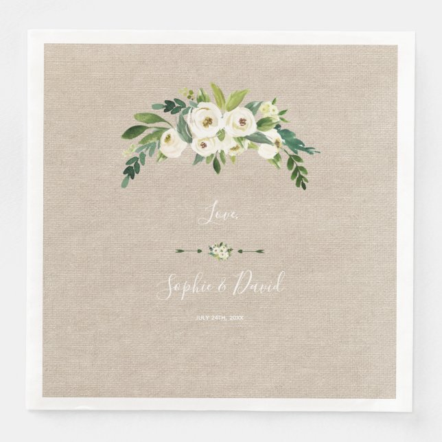 Modern White Floral Burlap Handwriting Wedding Paper Dinner Napkins (Front)