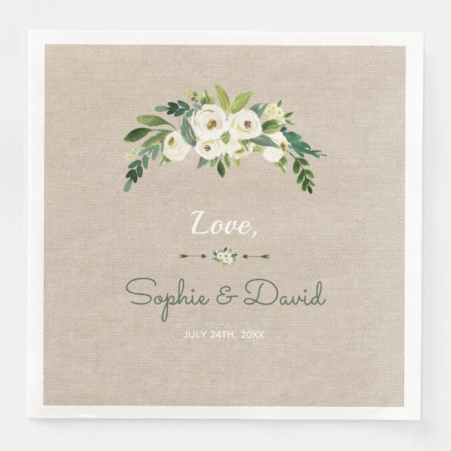 Modern White Floral Burlap Handwriting Wedding Paper Dinner Napkins (Front)