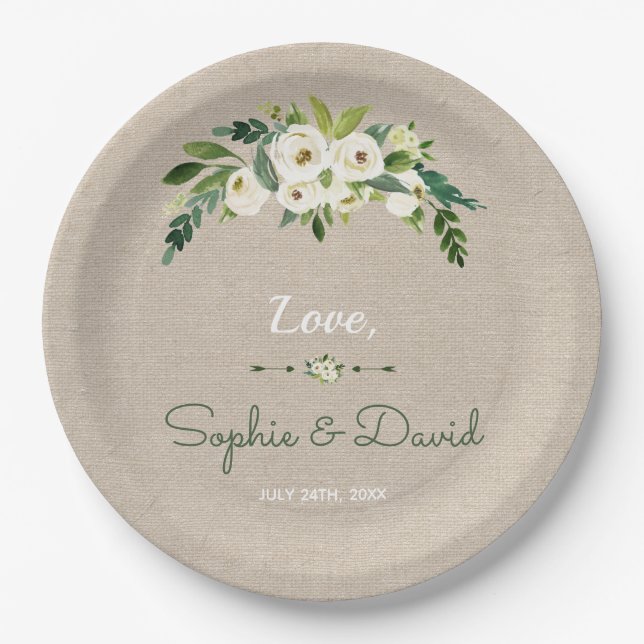 Modern White Floral Burlap Handwriting Wedding Paper Plates (Front)
