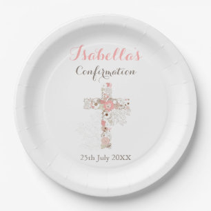 Modern white floral cross name girl confirmation  paper plates