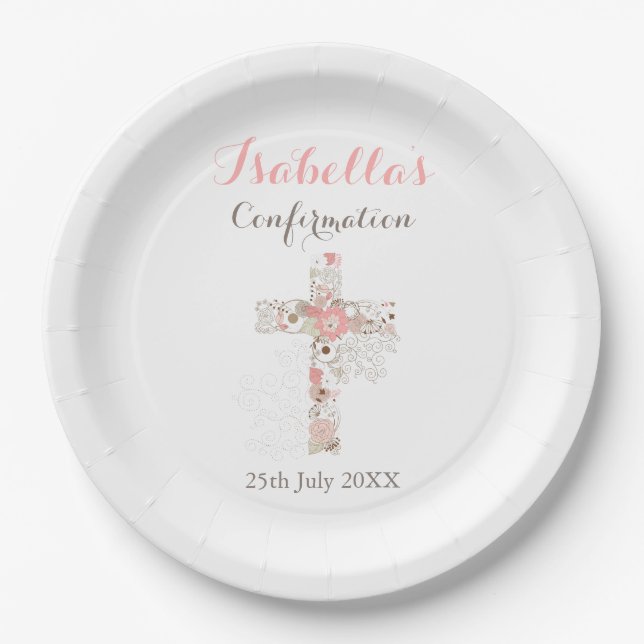 Modern white floral cross name girl confirmation  paper plates (Front)