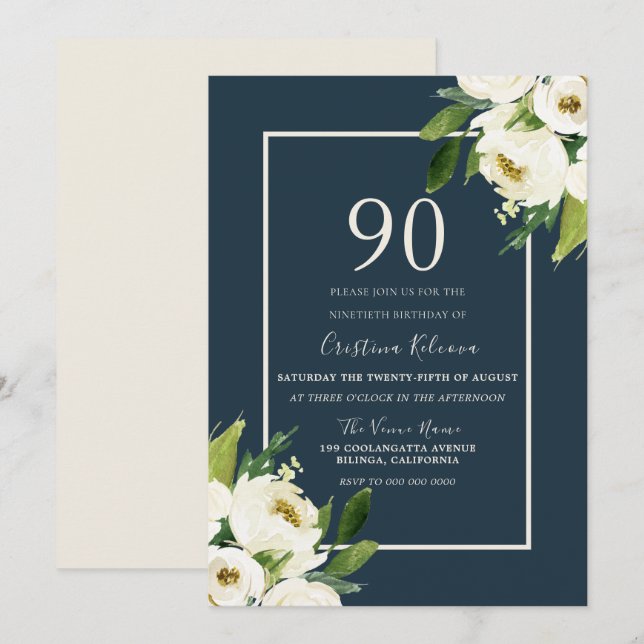 Modern White Floral Elegant Greenery 90th Birthday Invitation (Front/Back)