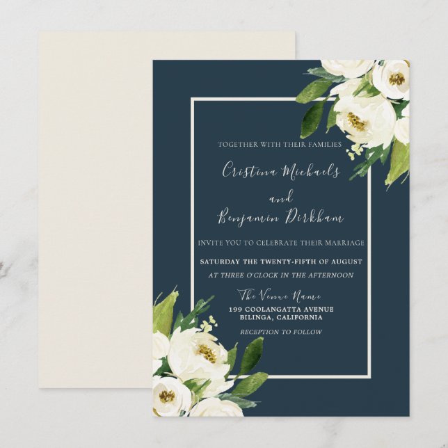 Modern White Floral Elegant Greenery Wedding Invitation (Front/Back)