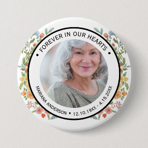 Modern White Floral Forever in our Hearts Memorial Button