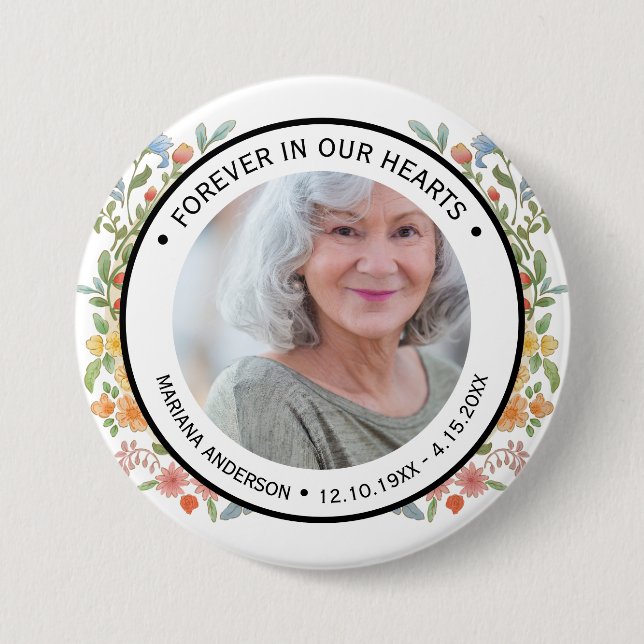 Modern White Floral Forever in our Hearts Memorial Button (Front)