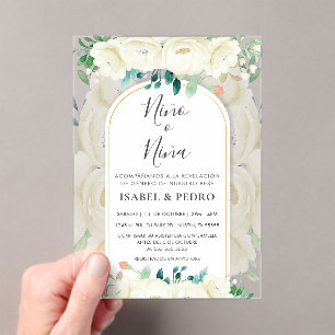 Modern White Floral Garden Spanish Gender Reveal Acrylic Invitations