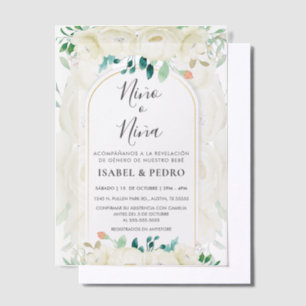 Modern White Floral Garden Spanish Gender Reveal Vellum Invitations