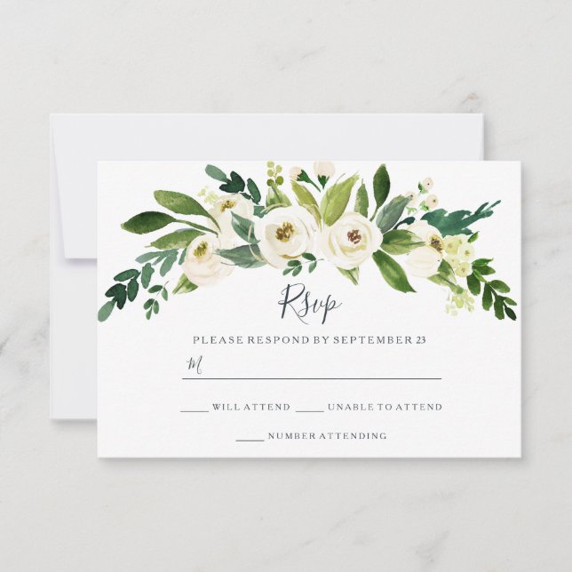 Modern White Floral Garden Wedding RSVP Card (Front)