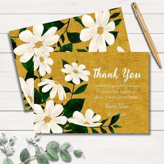 Modern White Floral | Gold Bridal Shower Thank You Card (Creator Uploaded)