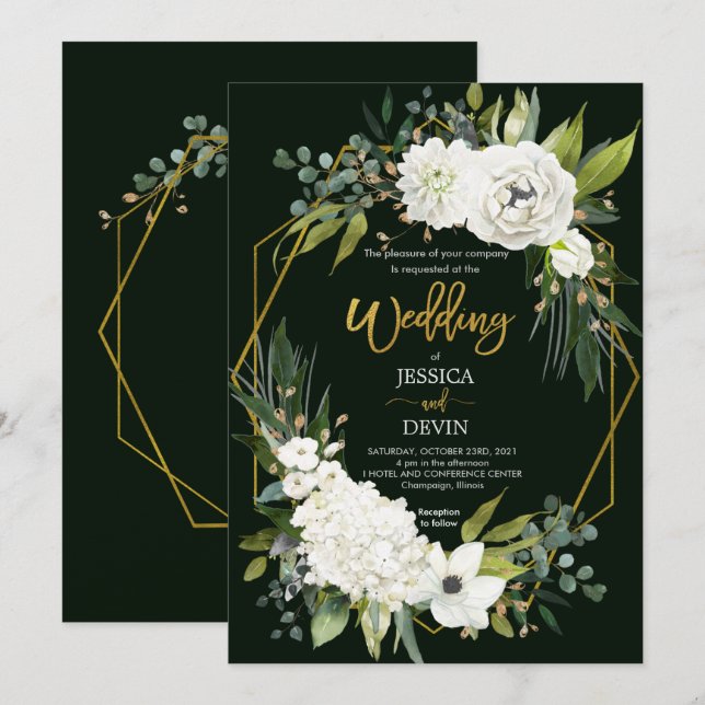Modern White Floral Gold Frame Wedding Invitation (Front/Back)