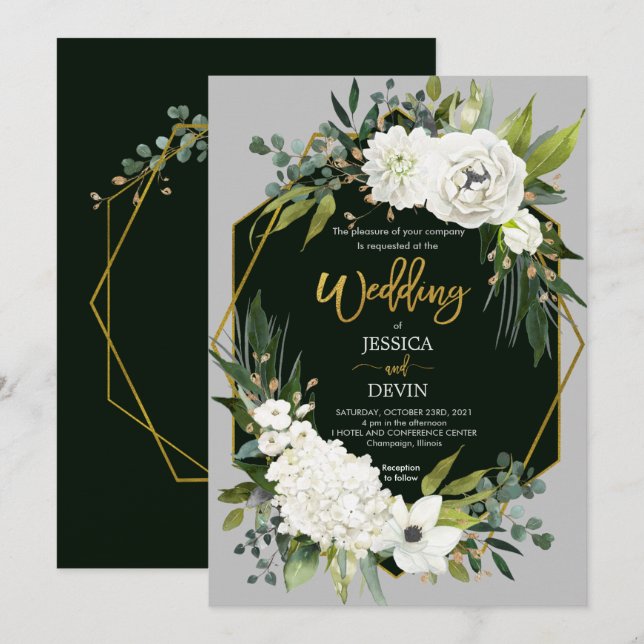Modern White Floral Gold Gray Wedding Invitation (Front/Back)