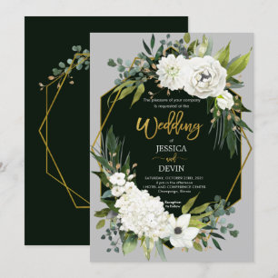 Modern White Floral Gold Gray Wedding Invitation