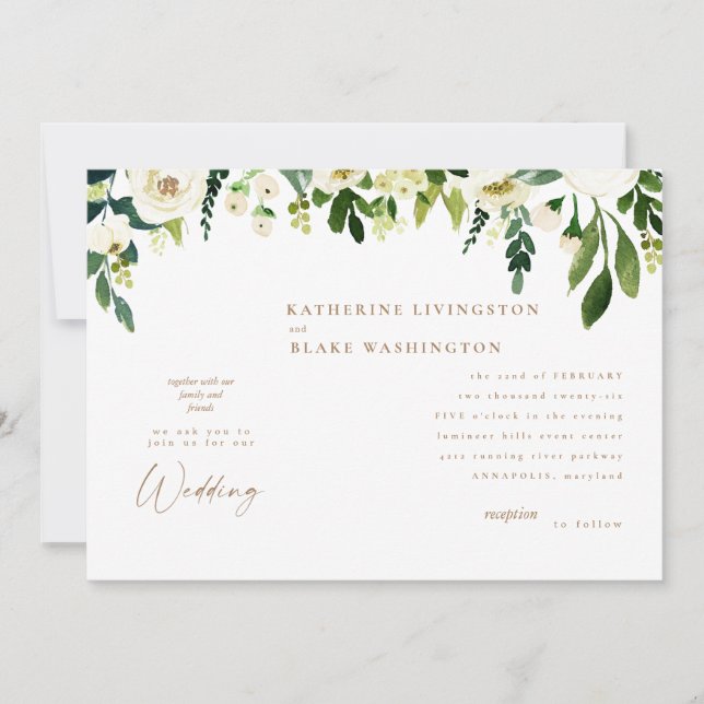Modern White Floral & Gold Wedding Invitation (Front)