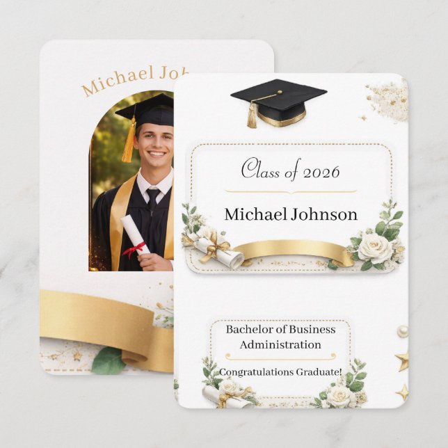 Modern White Floral Graduation Invitation (Front/Back)