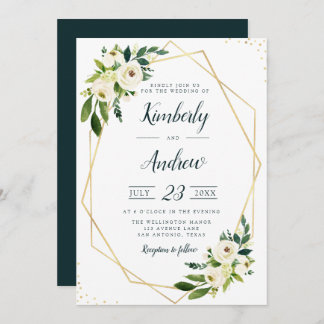 modern white floral green & gold geometric wedding invitation