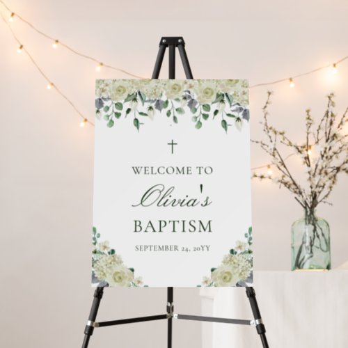 Modern White Floral Greenery Baptism Welcome Foam Board