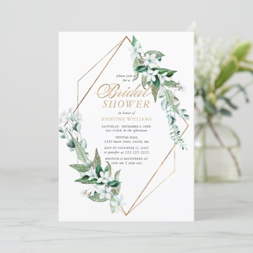 Modern White Floral Greenery Gold Bridal Shower Invitation | Zazzle