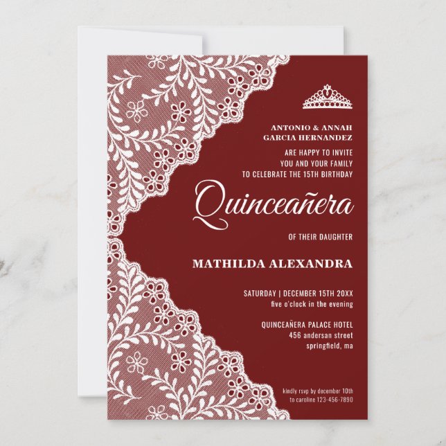 Modern White Floral Lace Burgundy Quinceanera Invitation (Front)