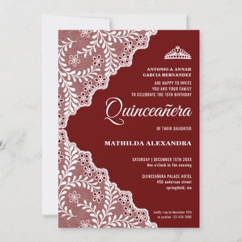 Modern White Floral Lace Burgundy Quinceanera Invitation