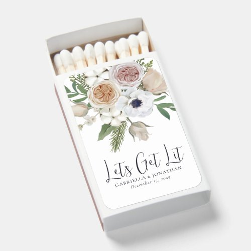 Modern White Floral Lets Get Lit Wedding   Matchboxes