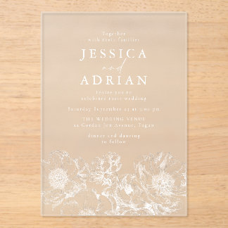 Modern White Floral line Art Wedding Acrylic Invitations