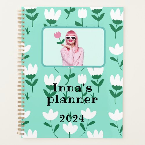 Modern white floral Mint cover Weekly and Monthly Planner